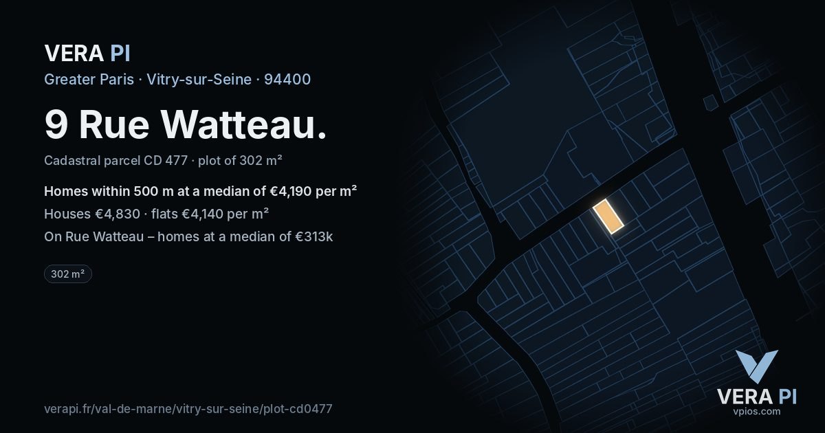 9 Rue Watteau, Vitry-sur-Seine at night – the plot lit, the parcels around coloured by the prices near them