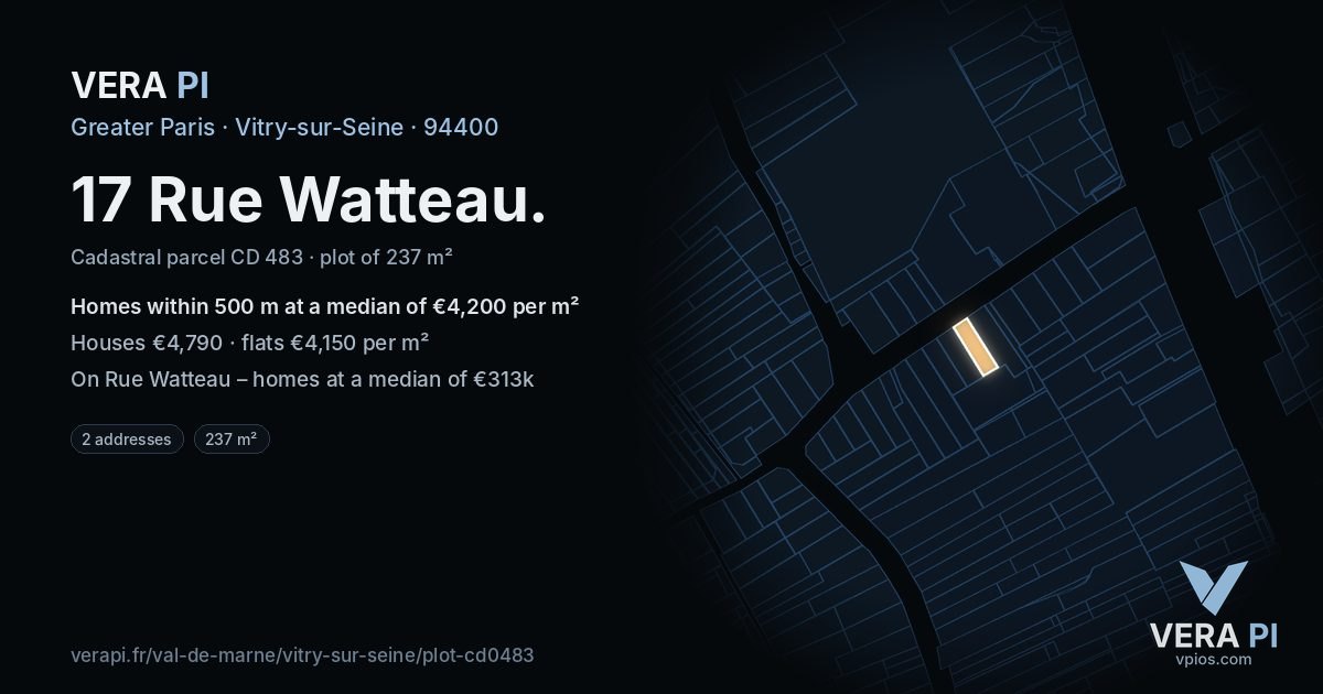 17 Rue Watteau, Vitry-sur-Seine at night – the plot lit, the parcels around coloured by the prices near them