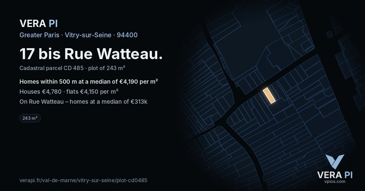 17 bis Rue Watteau, Vitry-sur-Seine at night – the plot lit, the parcels around coloured by the prices near them