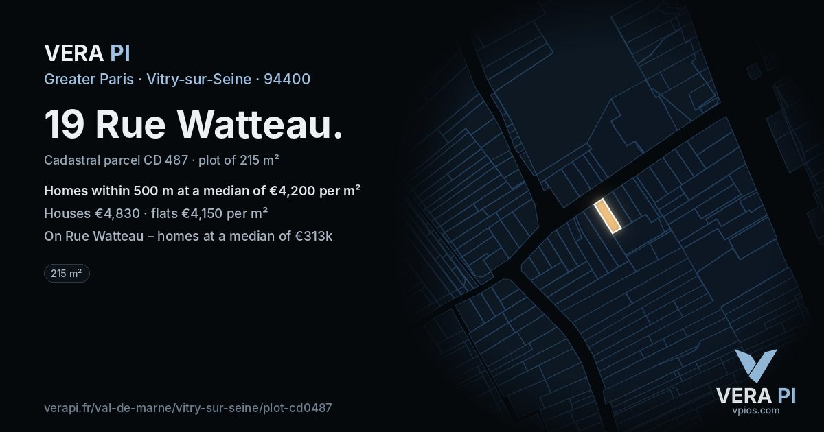 19 Rue Watteau, Vitry-sur-Seine at night – the plot lit, the parcels around coloured by the prices near them