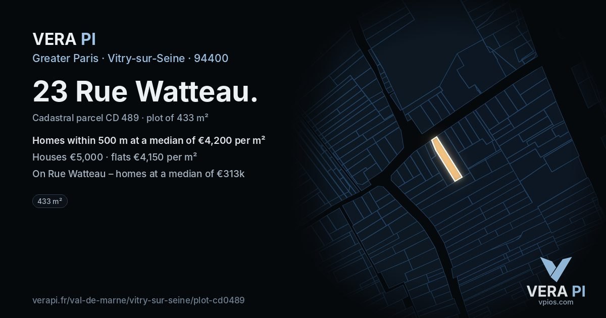23 Rue Watteau, Vitry-sur-Seine at night – the plot lit, the parcels around coloured by the prices near them