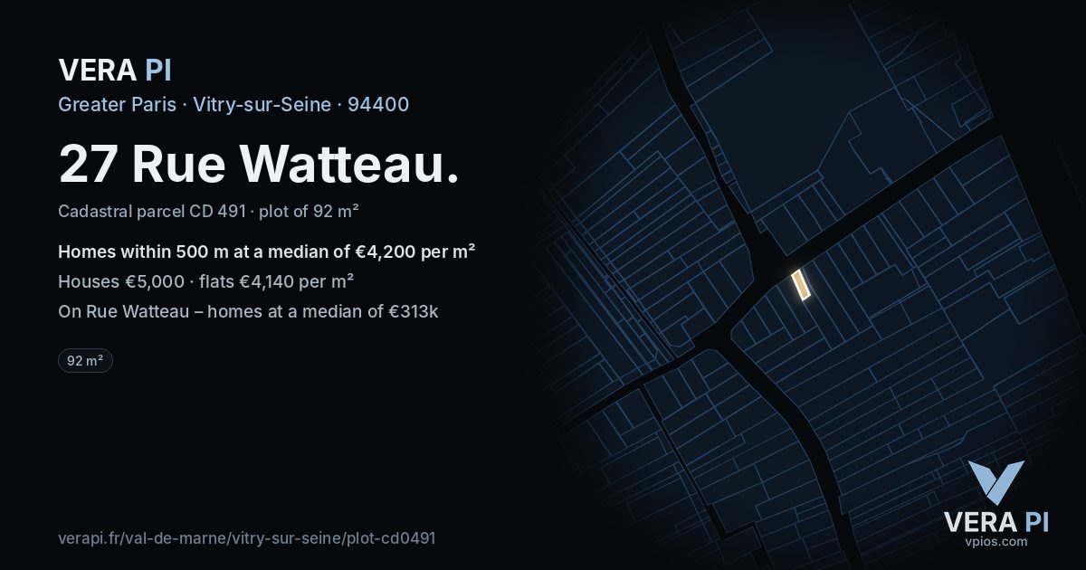 27 Rue Watteau, Vitry-sur-Seine at night – the plot lit, the parcels around coloured by the prices near them