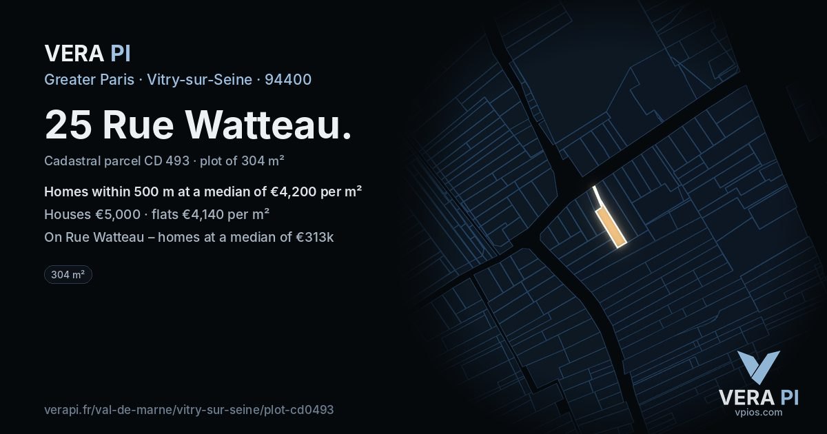 25 Rue Watteau, Vitry-sur-Seine at night – the plot lit, the parcels around coloured by the prices near them