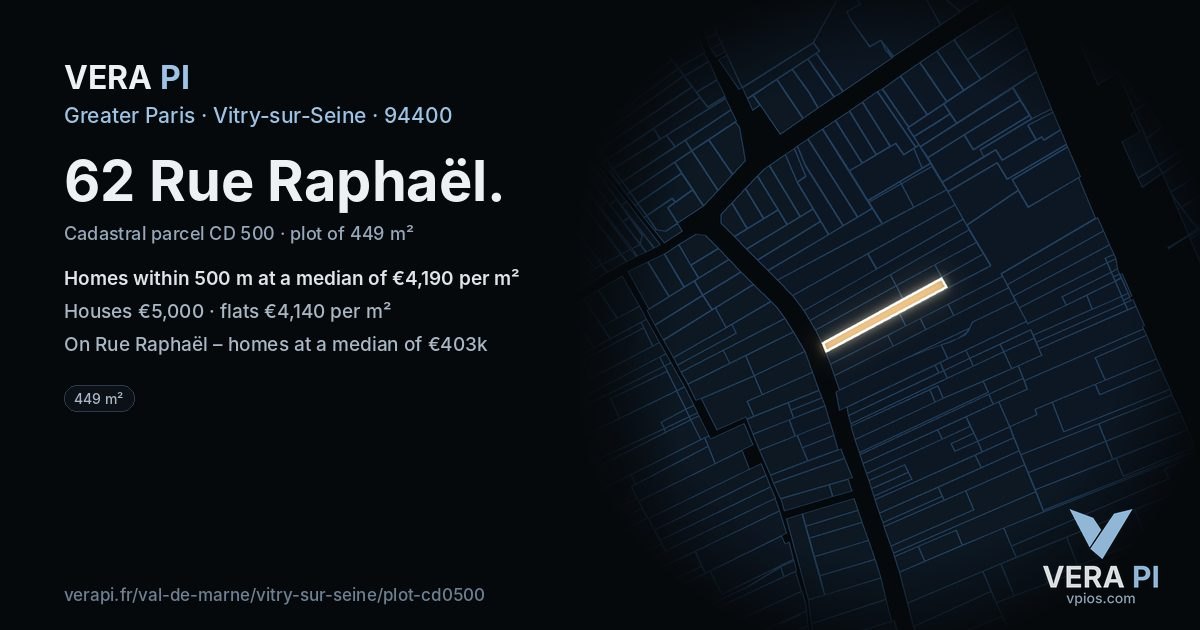 62 Rue Raphaël, Vitry-sur-Seine at night – the plot lit, the parcels around coloured by the prices near them
