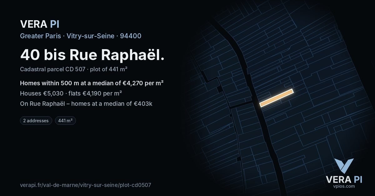 40 bis Rue Raphaël, Vitry-sur-Seine at night – the plot lit, the parcels around coloured by the prices near them
