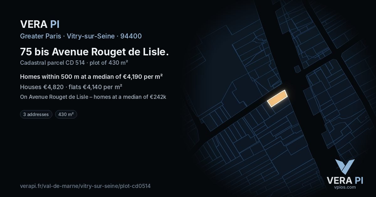 75 bis Avenue Rouget de Lisle, Vitry-sur-Seine at night – the plot lit, the parcels around coloured by the prices near them