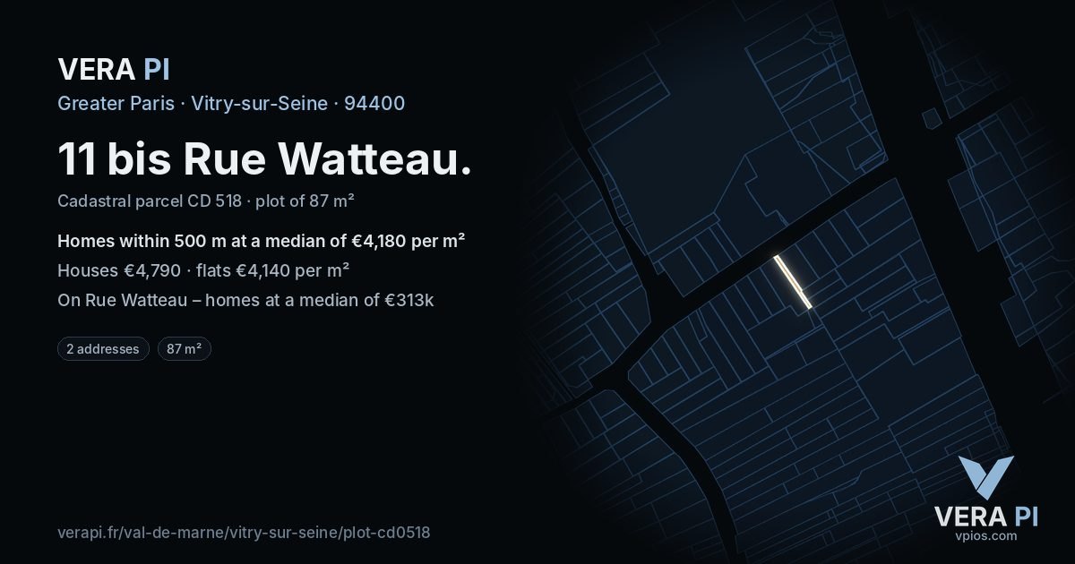 11 bis Rue Watteau, Vitry-sur-Seine at night – the plot lit, the parcels around coloured by the prices near them