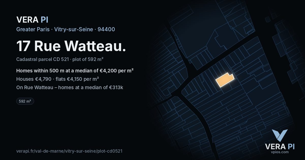 17 Rue Watteau, Vitry-sur-Seine at night – the plot lit, the parcels around coloured by the prices near them