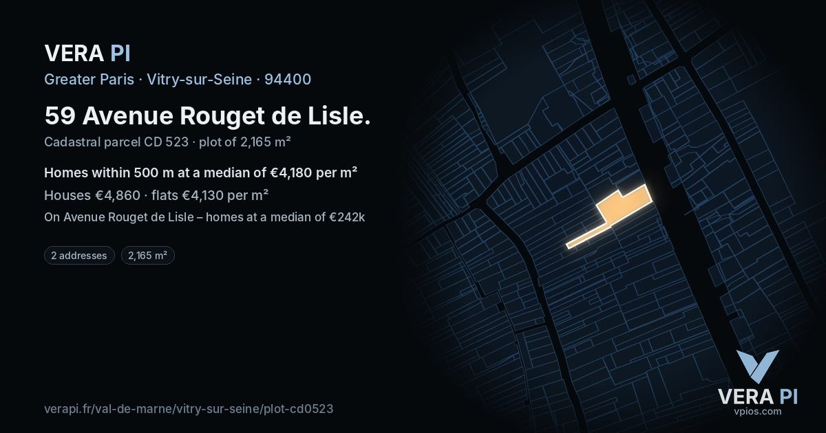 59 Avenue Rouget de Lisle, Vitry-sur-Seine at night – the plot lit, the parcels around coloured by the prices near them