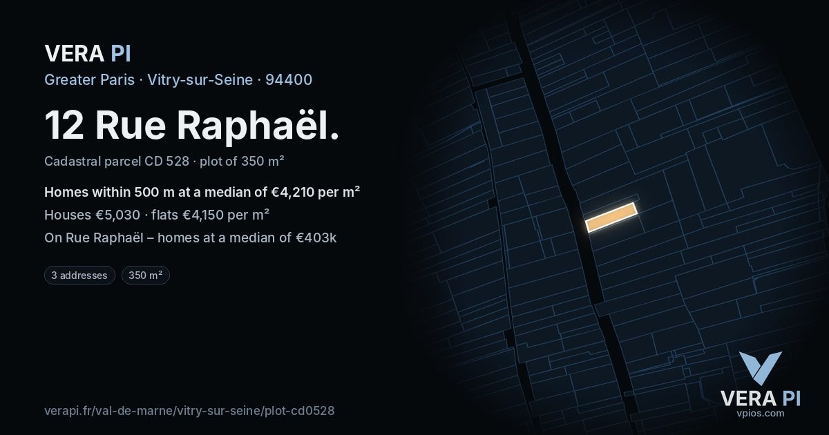 12 Rue Raphaël, Vitry-sur-Seine at night – the plot lit, the parcels around coloured by the prices near them