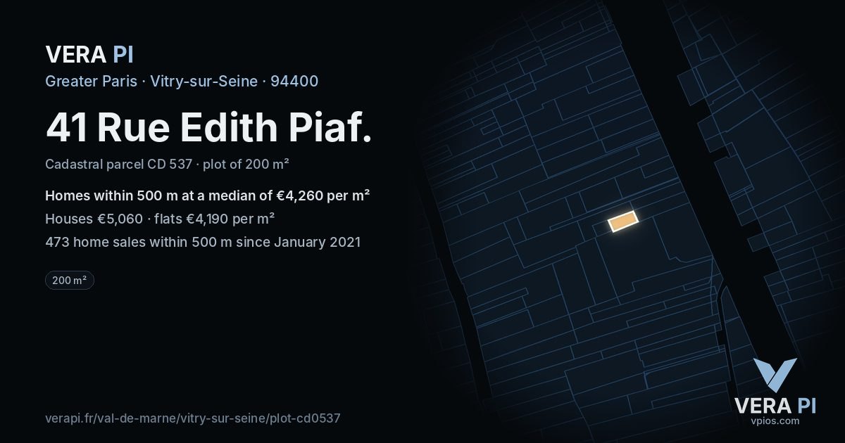 41 Rue Edith Piaf, Vitry-sur-Seine at night – the plot lit, the parcels around coloured by the prices near them