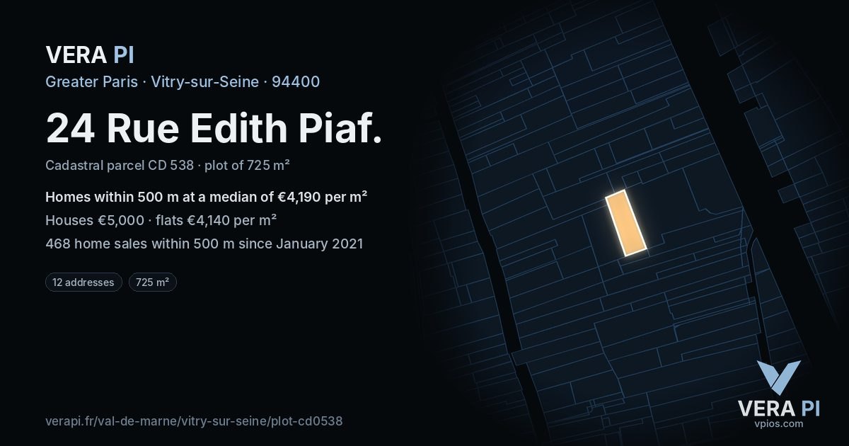 24 Rue Edith Piaf, Vitry-sur-Seine at night – the plot lit, the parcels around coloured by the prices near them