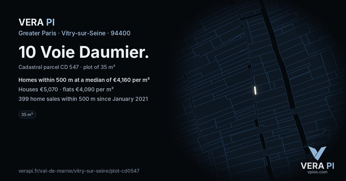 10 Voie Daumier, Vitry-sur-Seine at night – the plot lit, the parcels around coloured by the prices near them