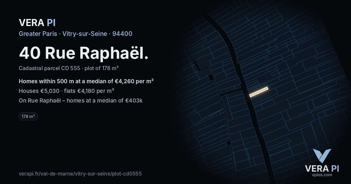 40 Rue Raphaël, Vitry-sur-Seine at night – the plot lit, the parcels around coloured by the prices near them