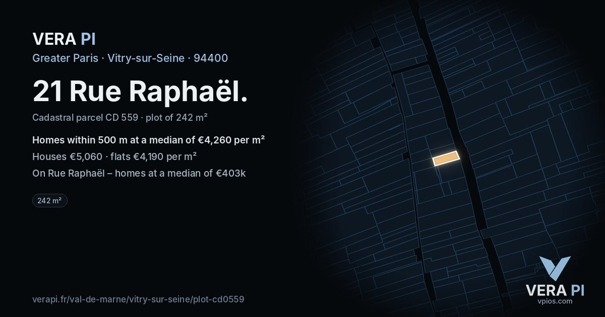 21 Rue Raphaël, Vitry-sur-Seine at night – the plot lit, the parcels around coloured by the prices near them