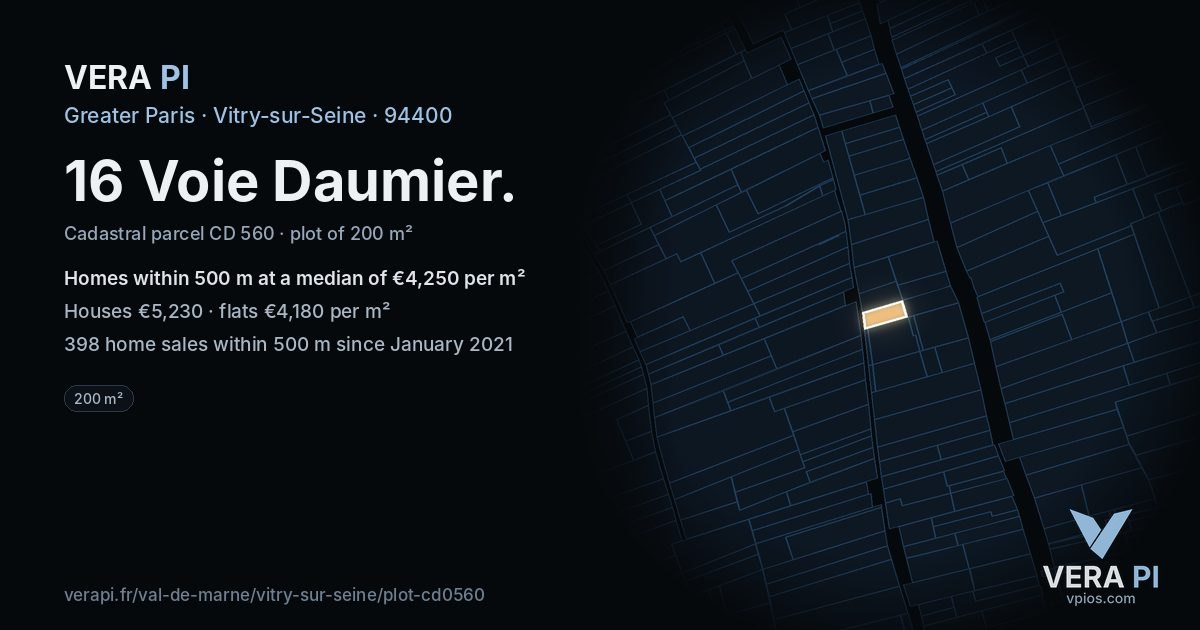 16 Voie Daumier, Vitry-sur-Seine at night – the plot lit, the parcels around coloured by the prices near them