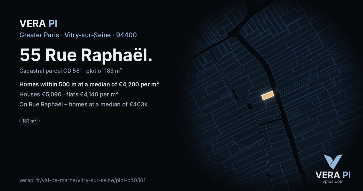 55 Rue Raphaël, Vitry-sur-Seine at night – the plot lit, the parcels around coloured by the prices near them
