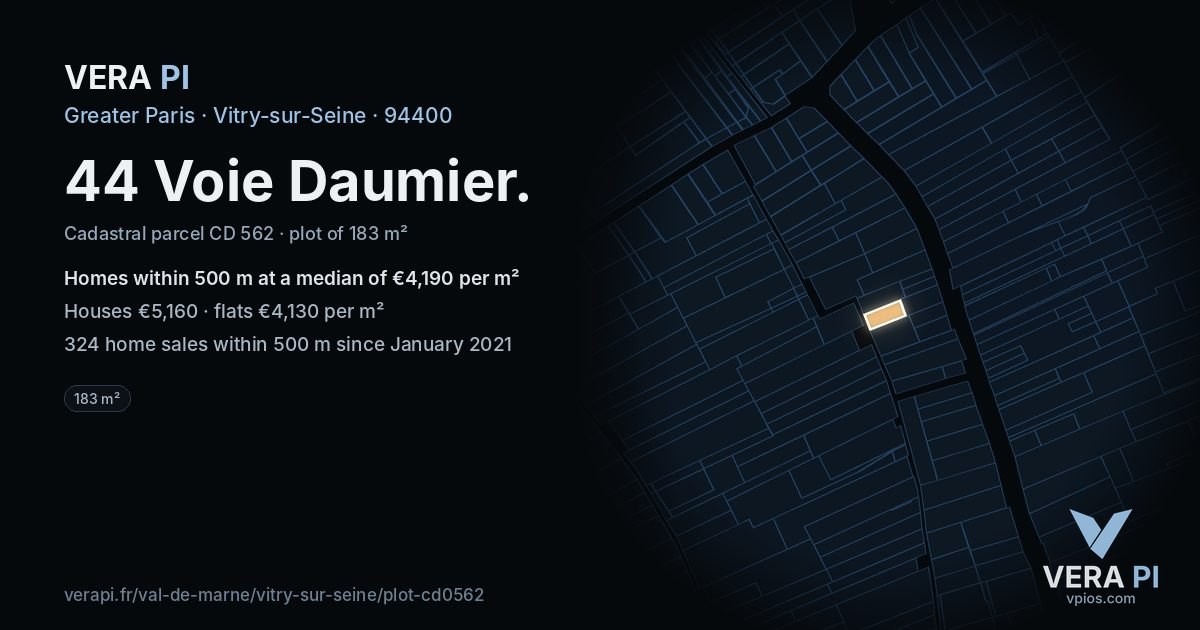 44 Voie Daumier, Vitry-sur-Seine at night – the plot lit, the parcels around coloured by the prices near them