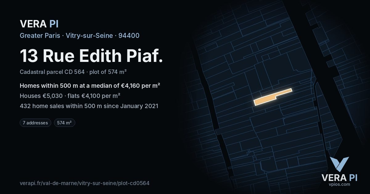 13 Rue Edith Piaf, Vitry-sur-Seine at night – the plot lit, the parcels around coloured by the prices near them