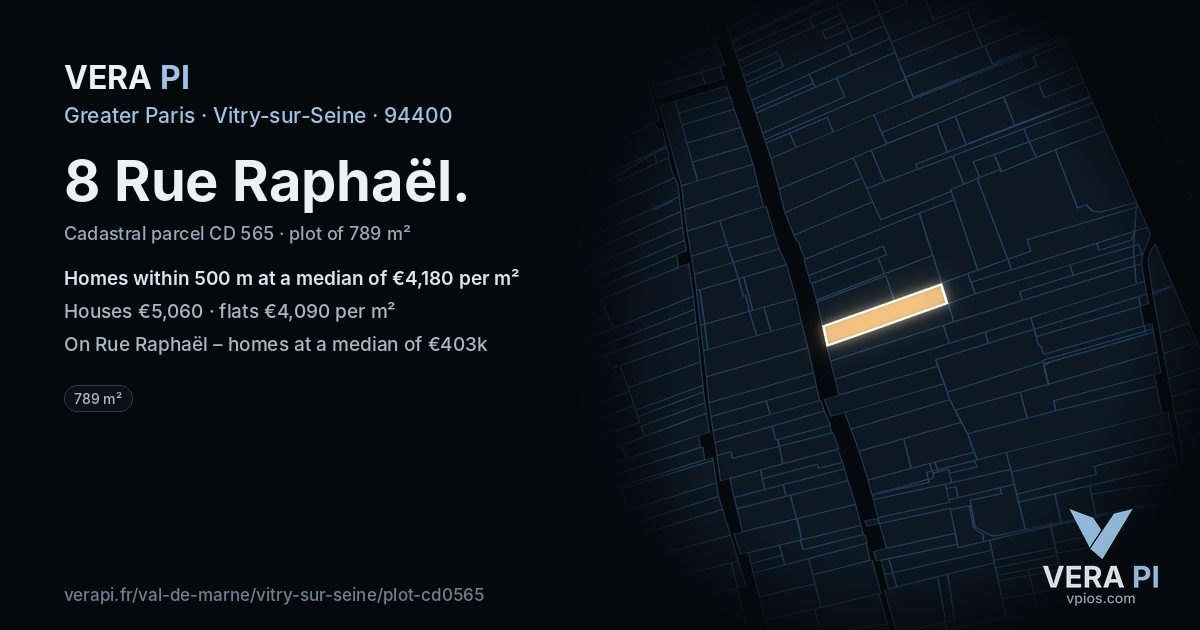 8 Rue Raphaël, Vitry-sur-Seine at night – the plot lit, the parcels around coloured by the prices near them