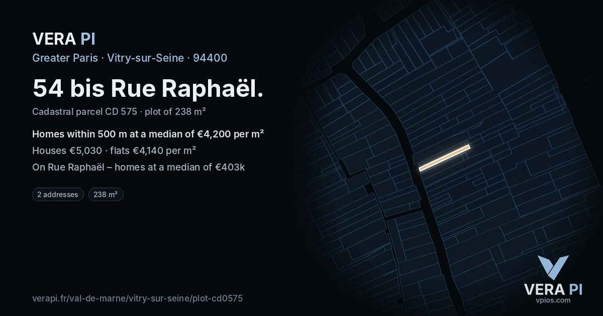 54 bis Rue Raphaël, Vitry-sur-Seine at night – the plot lit, the parcels around coloured by the prices near them