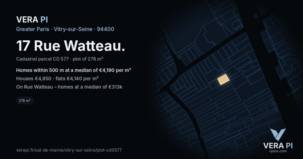 17 Rue Watteau, Vitry-sur-Seine at night – the plot lit, the parcels around coloured by the prices near them