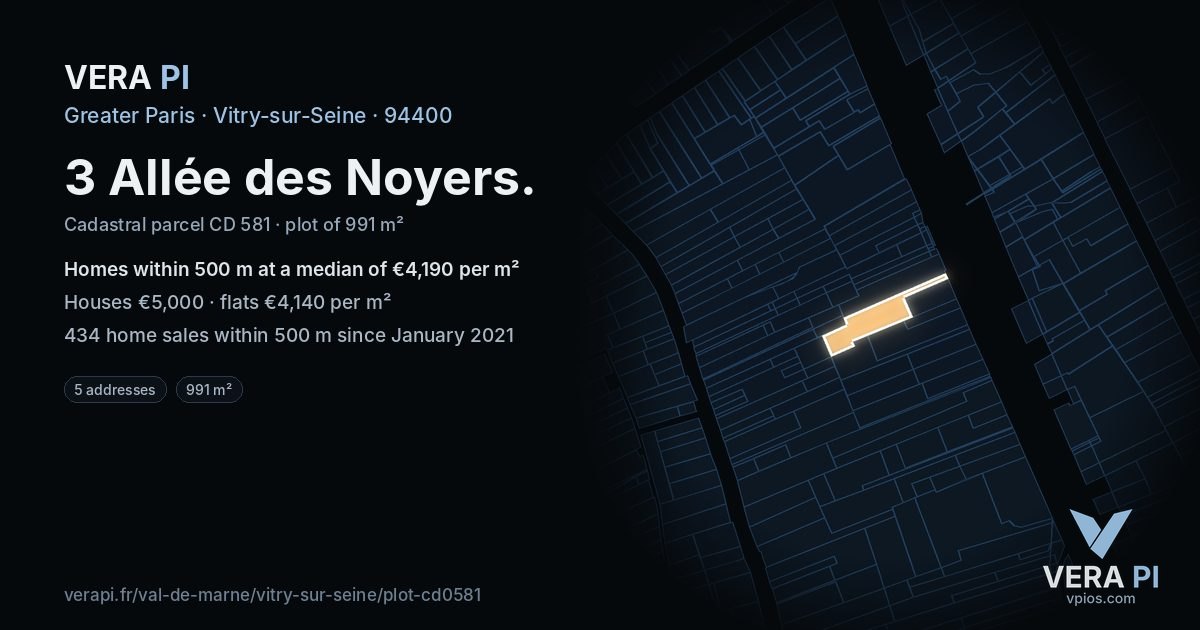 3 Allée des Noyers, Vitry-sur-Seine at night – the plot lit, the parcels around coloured by the prices near them