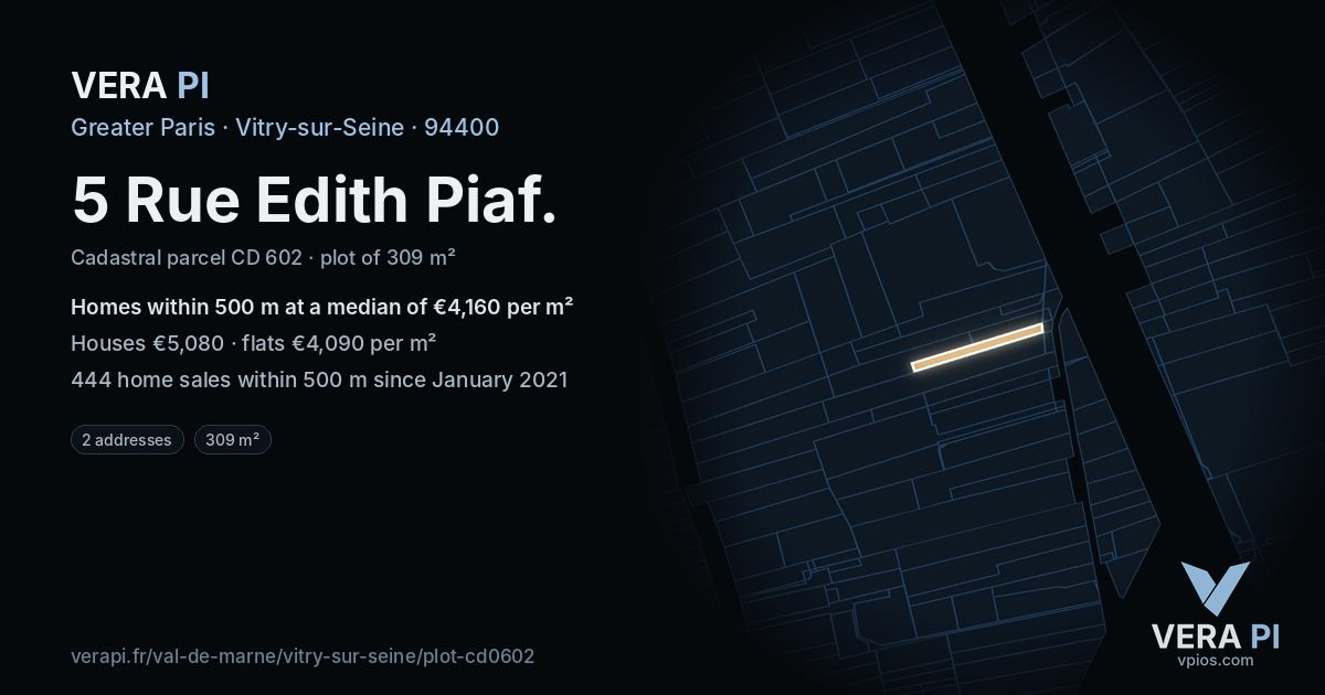 5 Rue Edith Piaf, Vitry-sur-Seine at night – the plot lit, the parcels around coloured by the prices near them