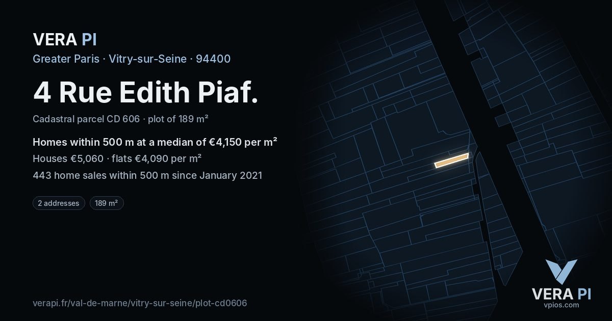 4 Rue Edith Piaf, Vitry-sur-Seine at night – the plot lit, the parcels around coloured by the prices near them