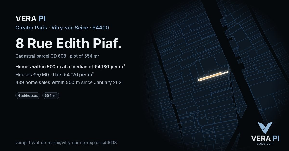 8 Rue Edith Piaf, Vitry-sur-Seine at night – the plot lit, the parcels around coloured by the prices near them