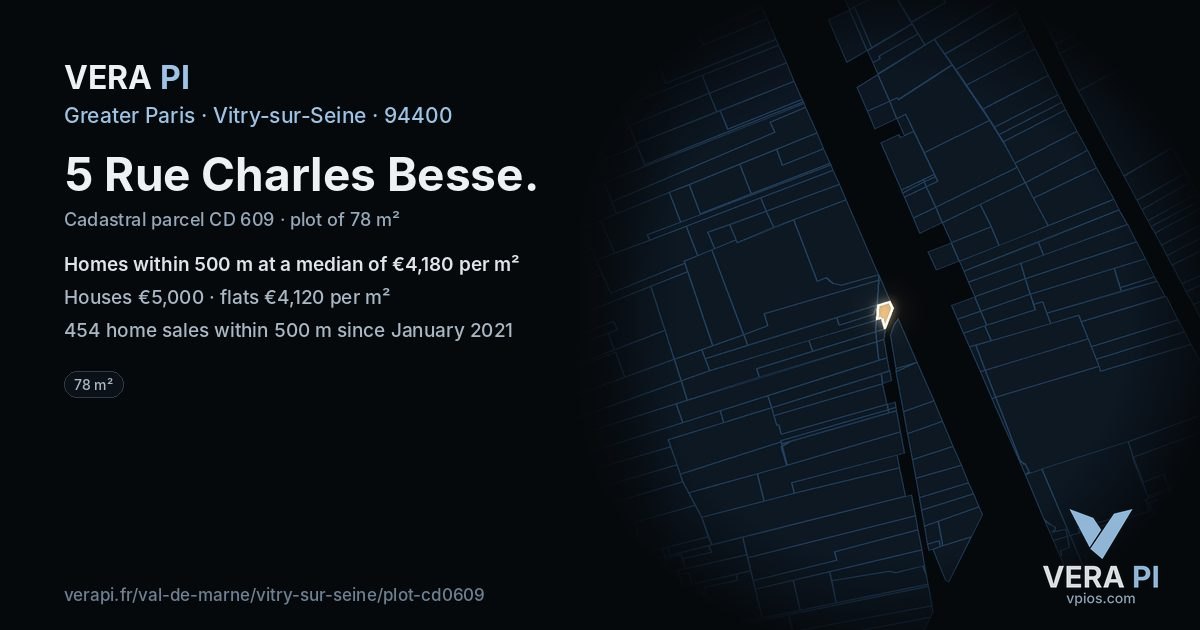 5 Rue Charles Besse, Vitry-sur-Seine at night – the plot lit, the parcels around coloured by the prices near them