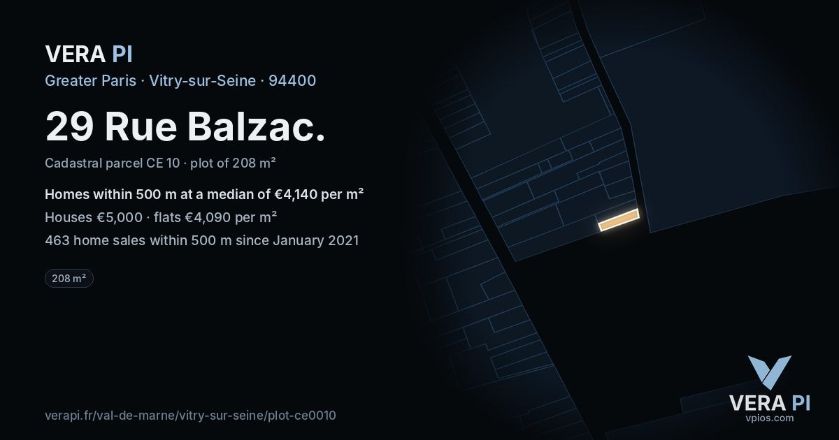29 Rue Balzac, Vitry-sur-Seine at night – the plot lit, the parcels around coloured by the prices near them