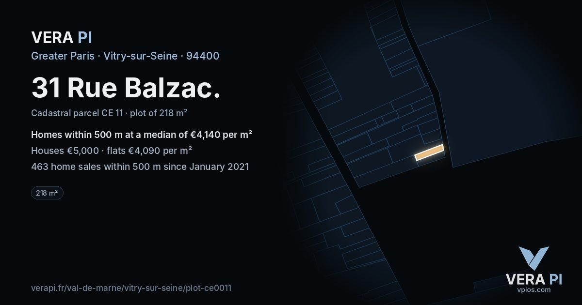 31 Rue Balzac, Vitry-sur-Seine at night – the plot lit, the parcels around coloured by the prices near them