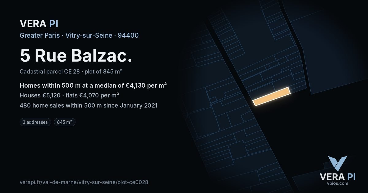 5 Rue Balzac, Vitry-sur-Seine at night – the plot lit, the parcels around coloured by the prices near them