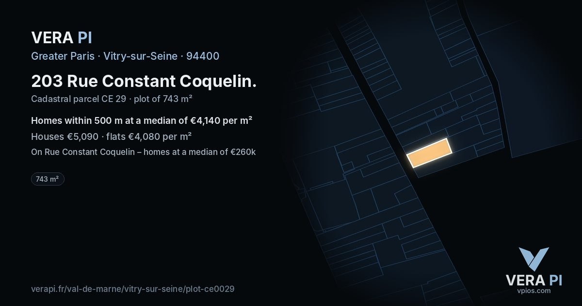 203 Rue Constant Coquelin, Vitry-sur-Seine at night – the plot lit, the parcels around coloured by the prices near them