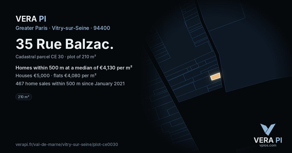 35 Rue Balzac, Vitry-sur-Seine at night – the plot lit, the parcels around coloured by the prices near them
