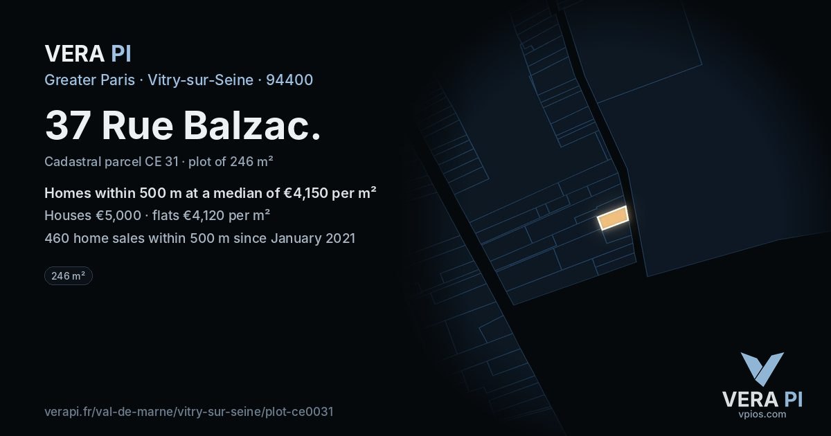 37 Rue Balzac, Vitry-sur-Seine at night – the plot lit, the parcels around coloured by the prices near them