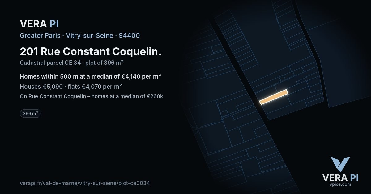 201 Rue Constant Coquelin, Vitry-sur-Seine at night – the plot lit, the parcels around coloured by the prices near them