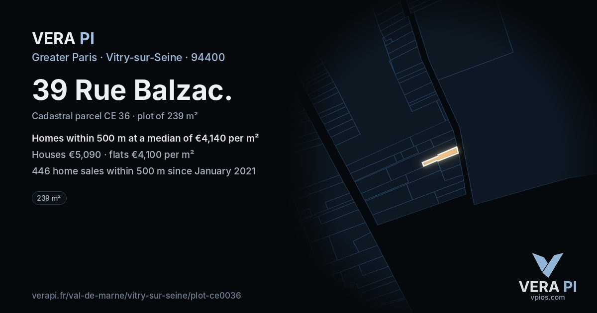 39 Rue Balzac, Vitry-sur-Seine at night – the plot lit, the parcels around coloured by the prices near them
