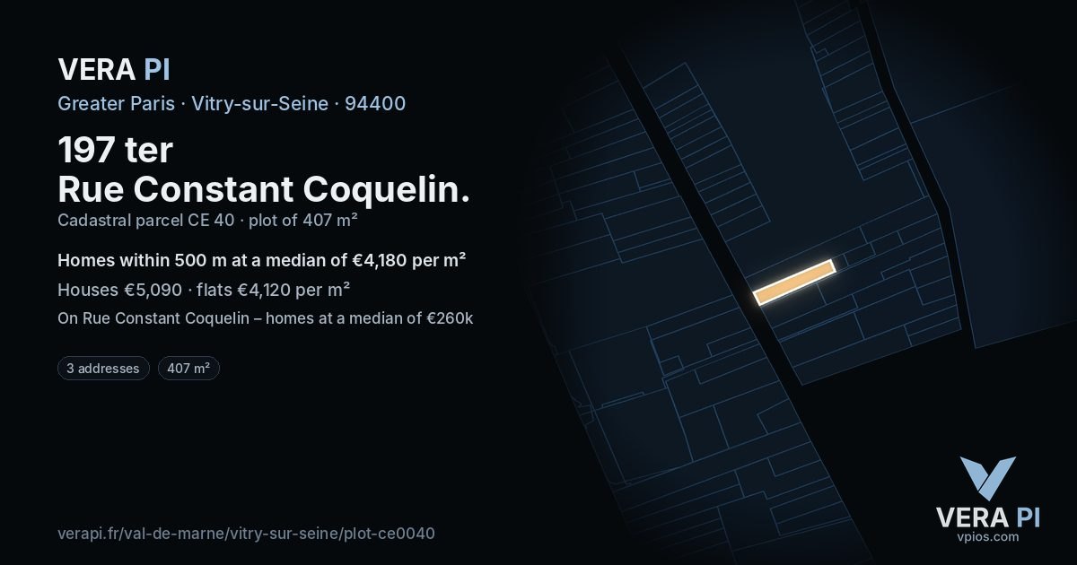 197 ter Rue Constant Coquelin, Vitry-sur-Seine at night – the plot lit, the parcels around coloured by the prices near them