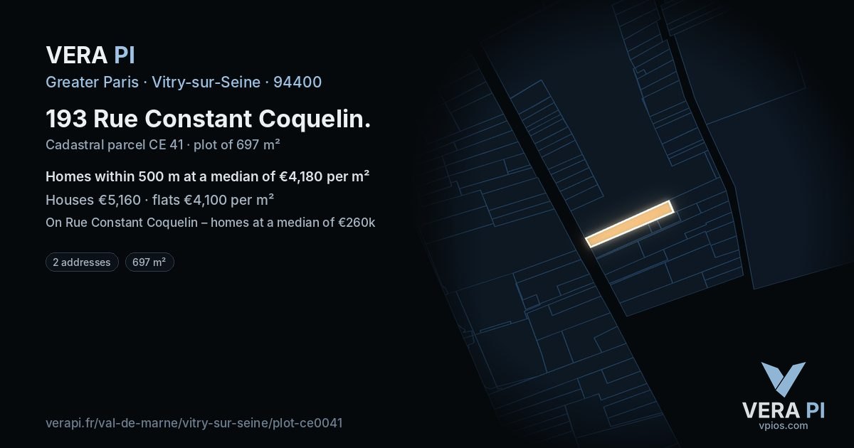 193 Rue Constant Coquelin, Vitry-sur-Seine at night – the plot lit, the parcels around coloured by the prices near them