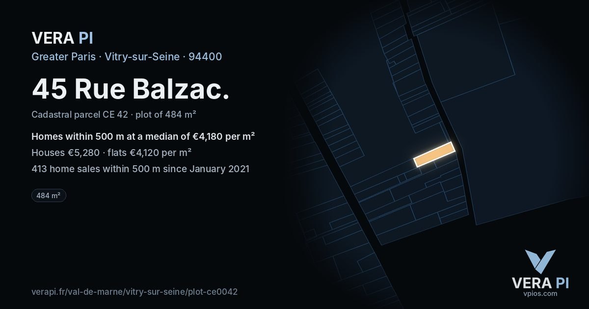 45 Rue Balzac, Vitry-sur-Seine at night – the plot lit, the parcels around coloured by the prices near them
