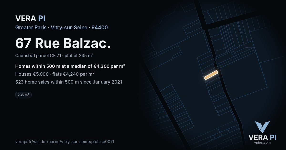 67 Rue Balzac, Vitry-sur-Seine at night – the plot lit, the parcels around coloured by the prices near them