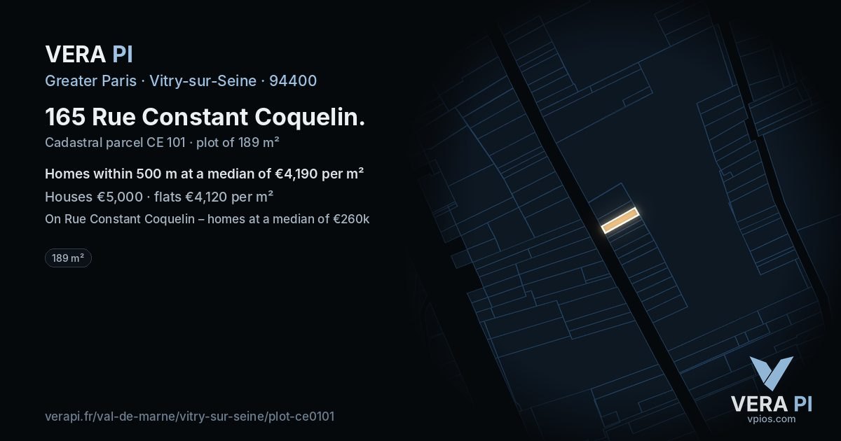 165 Rue Constant Coquelin, Vitry-sur-Seine at night – the plot lit, the parcels around coloured by the prices near them