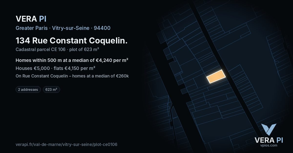 134 Rue Constant Coquelin, Vitry-sur-Seine at night – the plot lit, the parcels around coloured by the prices near them