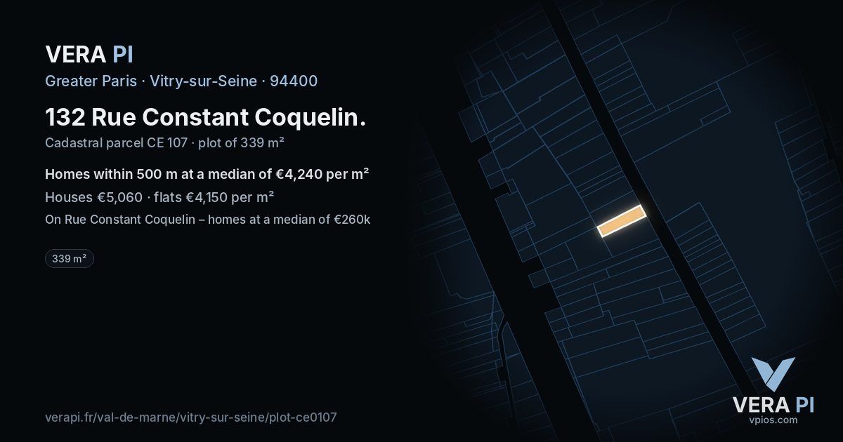 132 Rue Constant Coquelin, Vitry-sur-Seine at night – the plot lit, the parcels around coloured by the prices near them