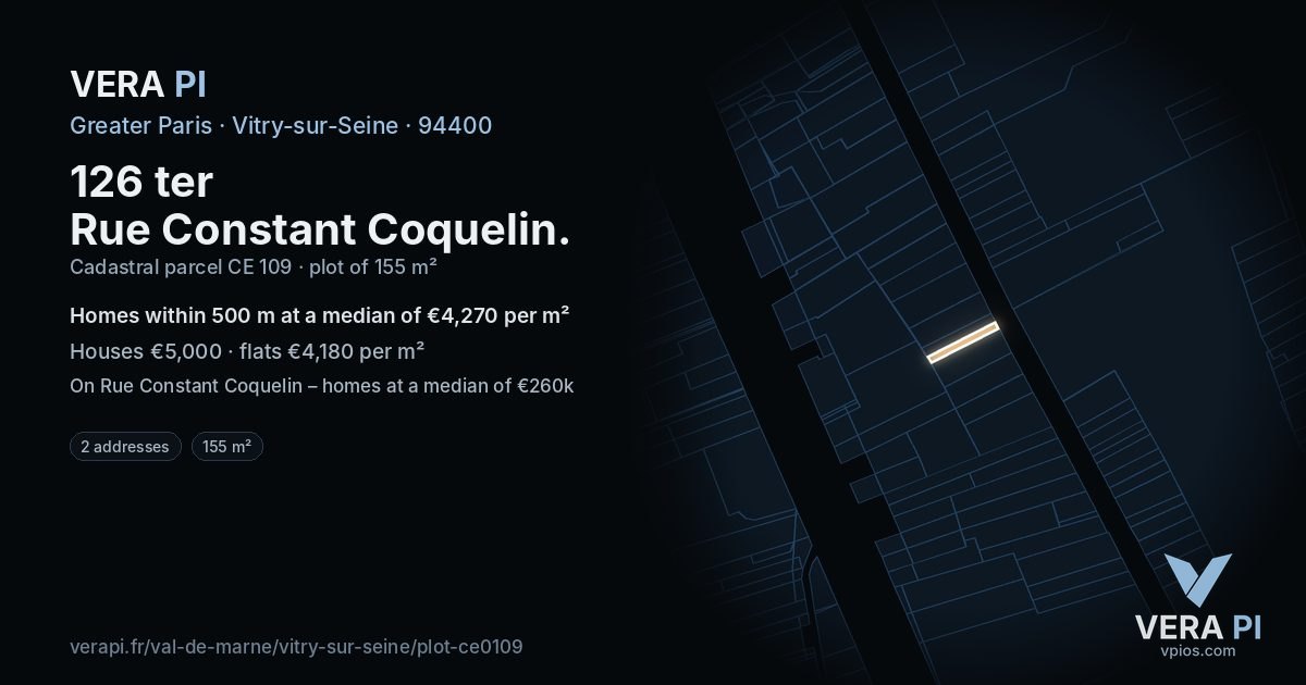 126 ter Rue Constant Coquelin, Vitry-sur-Seine at night – the plot lit, the parcels around coloured by the prices near them