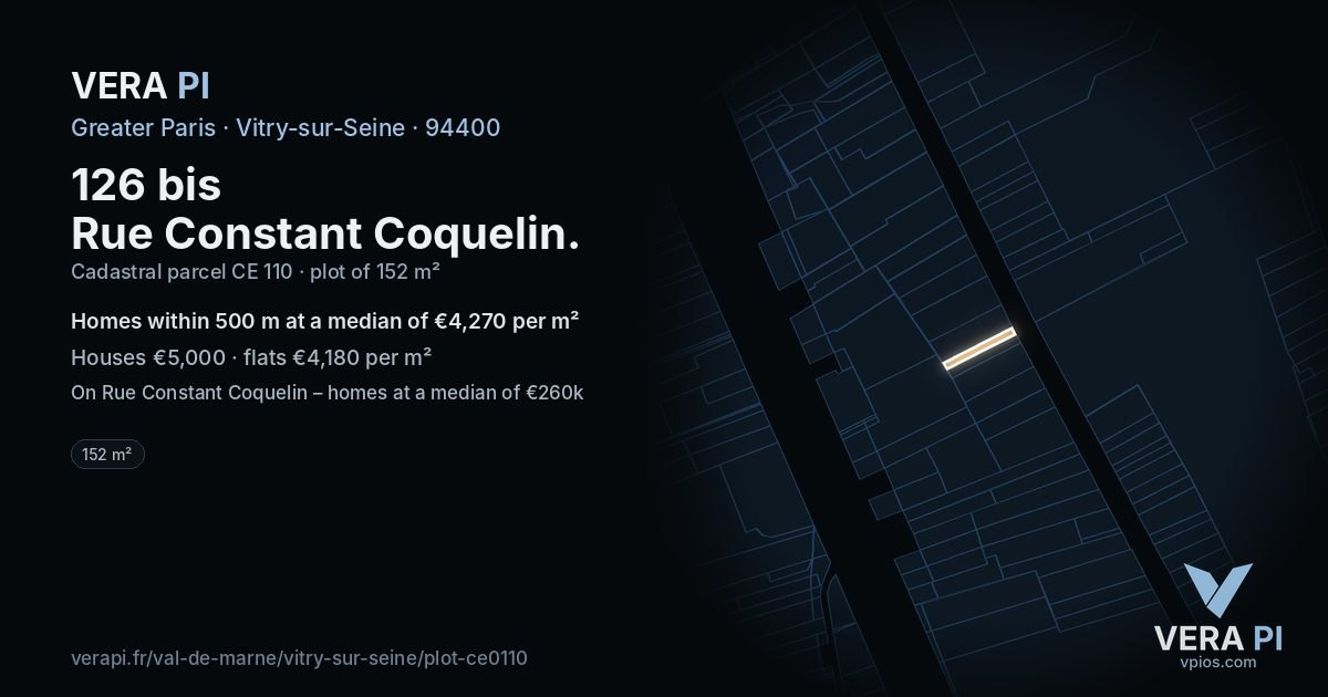 126 bis Rue Constant Coquelin, Vitry-sur-Seine at night – the plot lit, the parcels around coloured by the prices near them