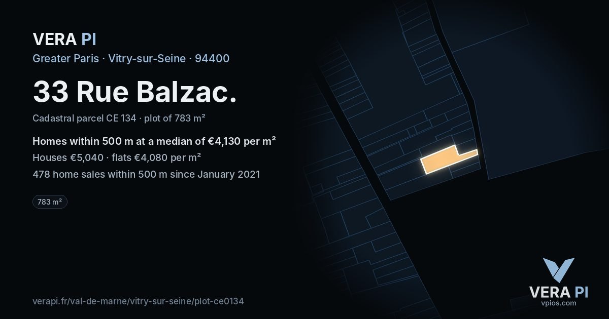 33 Rue Balzac, Vitry-sur-Seine at night – the plot lit, the parcels around coloured by the prices near them