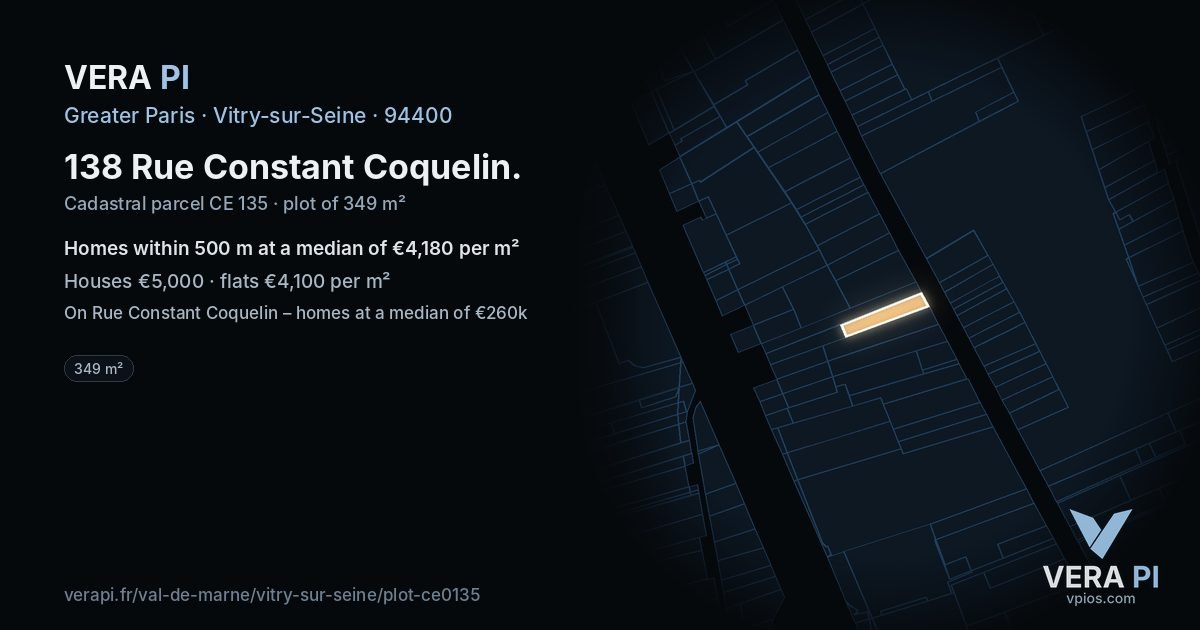 138 Rue Constant Coquelin, Vitry-sur-Seine at night – the plot lit, the parcels around coloured by the prices near them